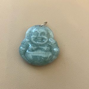 Real Jade laughing Buddha large Pendant. Double sided plus 14k gold jump ring.